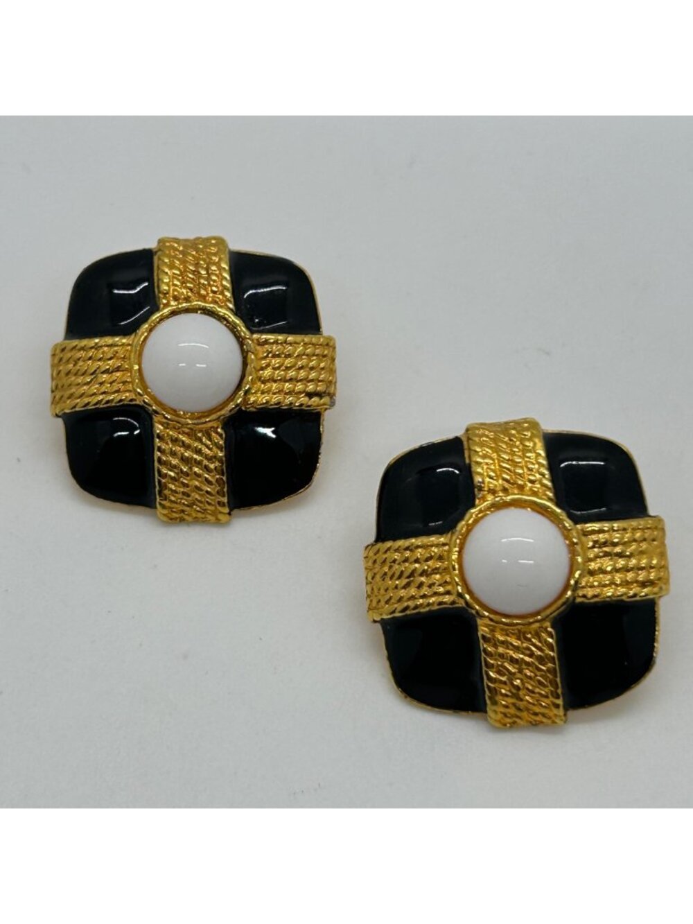 Vintage Black Enamel Pierced Earrings Square Gold Rope Cross White Cabochon 1980